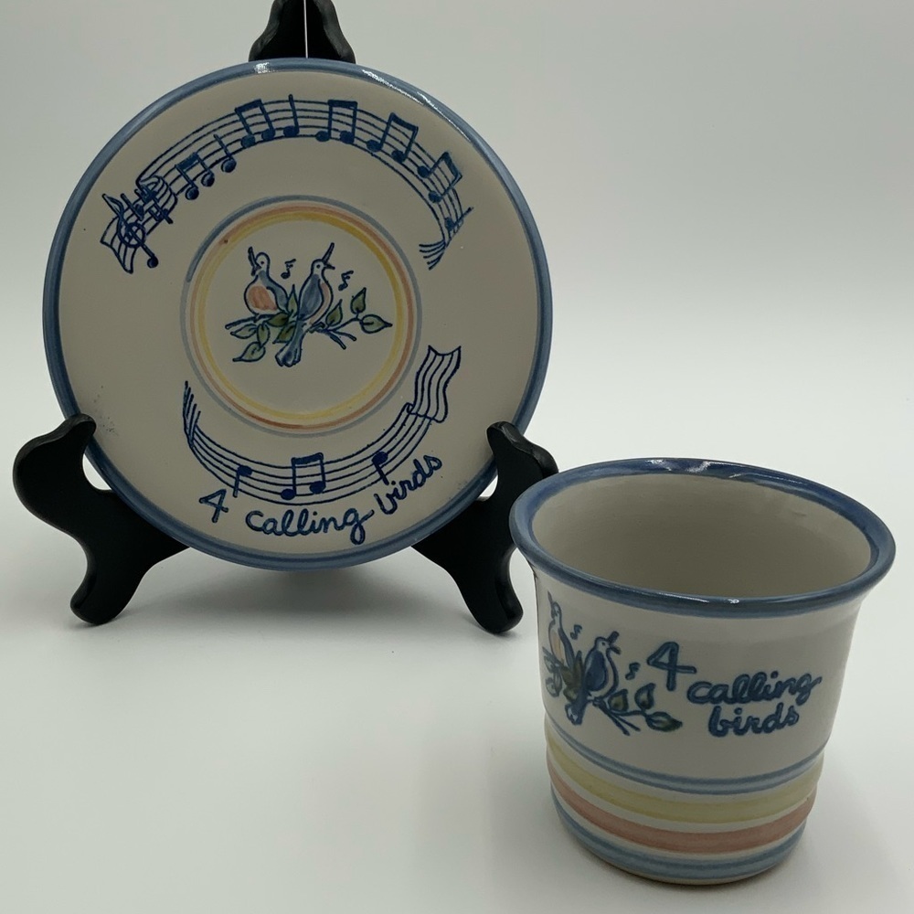 Louisville Pottery 4 CALLING BIRDS Punch Cup & Saucer 12 Days of Christmas